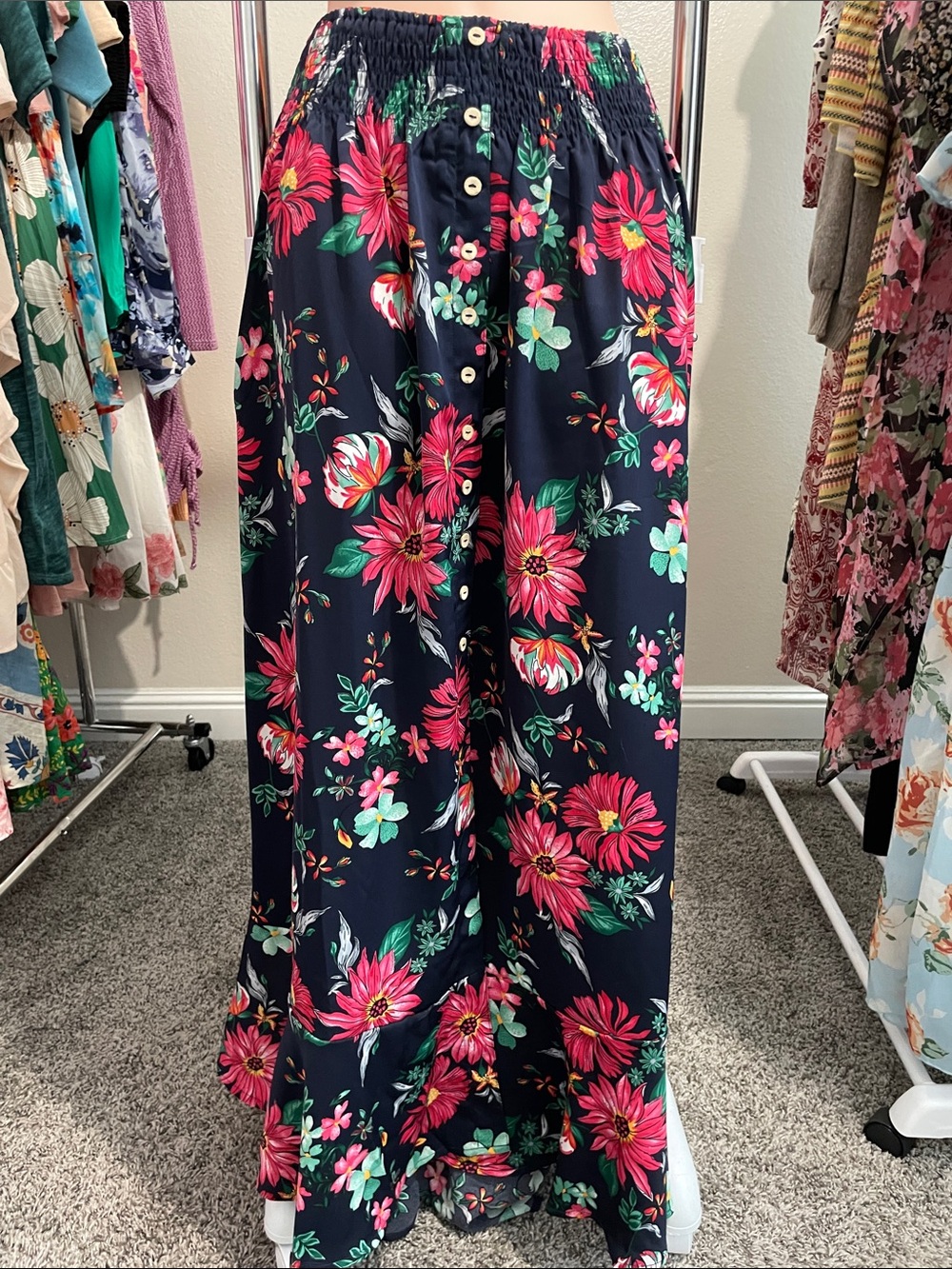 eesome Navy Maxi Skirt with Pink & Green Floral Print